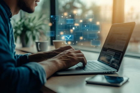 Man working on laptop, digital marketing icons floating above, representing data analysis, social media, and online content managementの素材