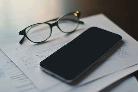Business workstation showing a smartphone, eyeglasses, and important documents, representing work, communication, and information processingの素材