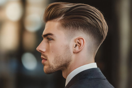 Young man showcasing a fashionable brushed back hairstyle with a sharp fade and a perfectly trimmed beard, wearing a suitの素材