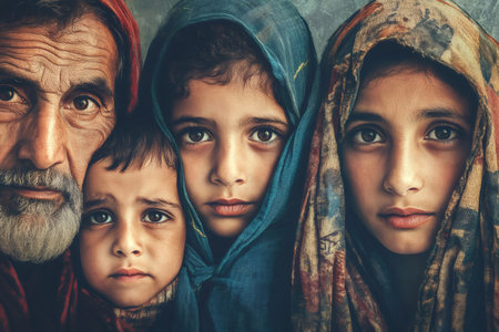 Refugee family portraits showing an older man and three children with serious expressions, symbolizing displacement, hope, and resilienceの素材