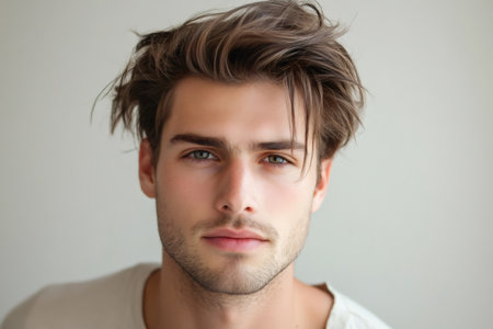 Young man with a modern hairstyle and a light beard looking calmly at the viewer. Emphasizing youth and natural beautyの素材
