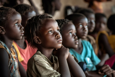 Young African students focusing on a lesson, showing concentration and hope for their education and futureの素材
