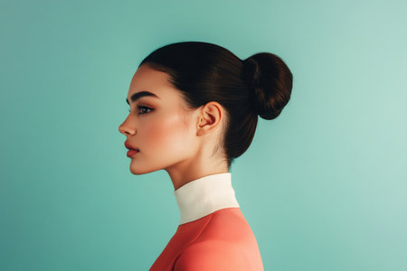 Woman showing an elegant profile portrait on a teal background. Minimalistic style, perfect skin complexion and natural beautyの素材