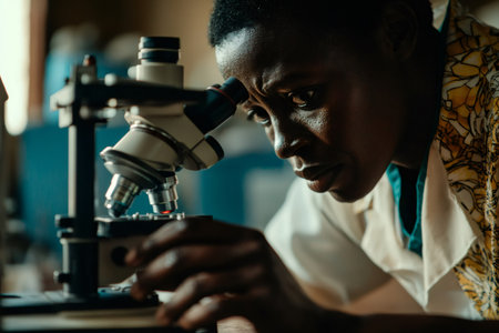 Black scientist intently observing samples under a microscope, conducting scientific research in a laboratory settingの素材