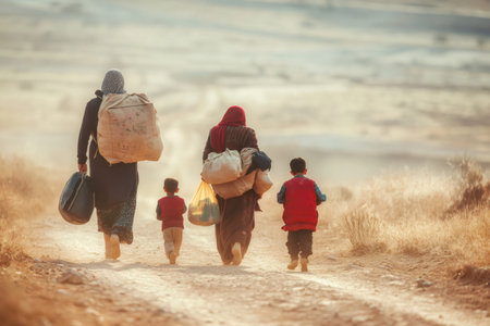 Refugee women and children walking together, carrying belongings, migrating through a desolate, dusty landscape seeking safety and new homeの素材