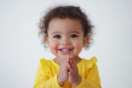 Joyful mixed race toddler clapping hands, expressing happiness and celebration. Smiling child looking at the cameraの素材