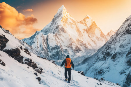 Solo hiker traversing snowy mountain trail, carrying backpack and using poles, with sunlit peak rising in backgroundの素材