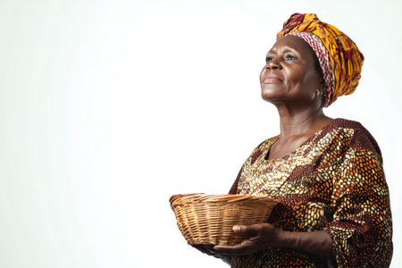 Senior African woman wearing traditional african attire and head wrap, holding a woven basket while looking upwardsの素材
