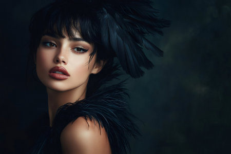 Portrait of a beautiful woman with dark hair and striking makeup, featuring elegant black feathers on her head and shoulderの素材