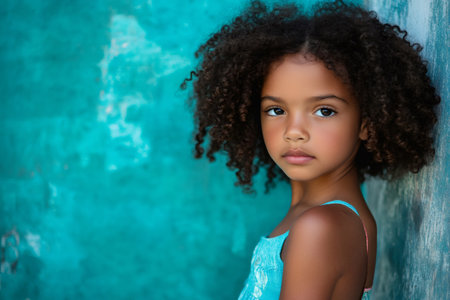 Young girl with mixed ethnicity and curly hair standing against a vibrant blue wall, having a serious and thoughtful expressionの素材