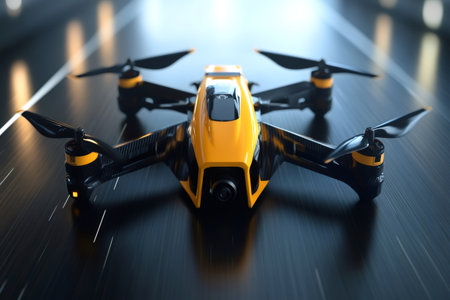 High speed yellow and black FPV drone flying low over a dark futuristic background with dynamic motion trails, symbolizing speed and technologyの素材
