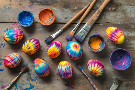 Tie dye eggs creating a festive Easter celebration with colorful paint and brushes on a wooden background, symbolizing creativityの素材