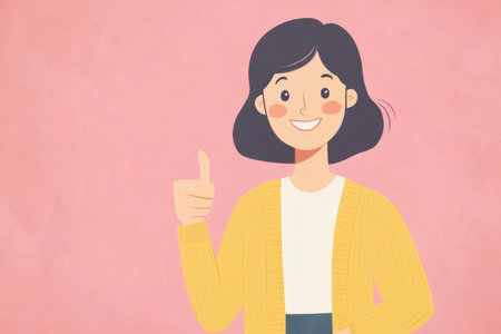 Young woman smiling, expressing agreement and approval with thumbs up. Positive emotion and happy gestureの素材