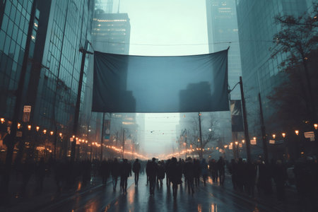 Urban street scene with a large crowd of people walking, backlit by streetlights. A blank banner hangs over the street, surrounded by tall buildingsの素材