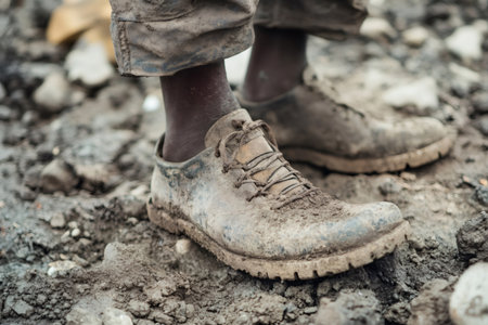 Person standing in mud with worn shoes, close up of feet showing hardship, manual labor, poverty and resilience in harsh conditionsの素材