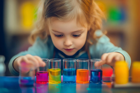 Young child focusing on small glass vials filled with different colored liquids, learning about basic science and chemistryの素材