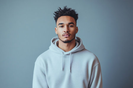Headshot portrait of a young biracial man standing, looking directly at the camera with a neutral expressionの素材