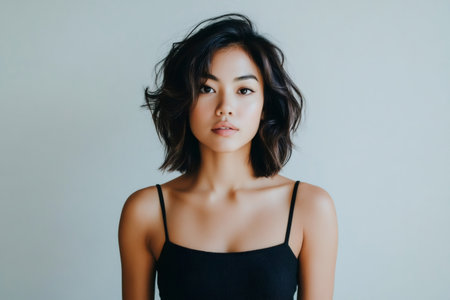 Young Asian woman with short wavy hair posing for a headshot, wearing a simple black top on a light backgroundの素材