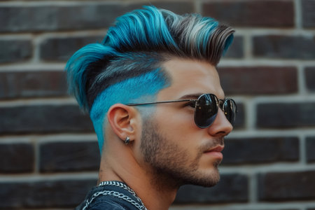 Modern man sporting a bold blue faux hawk haircut and cool sunglasses. Expressing individuality and contemporary styleの素材