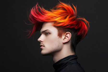 Man with modern haircut expressing individuality, creativity, alternative style, and vibrant aesthetic. Focus on hair colorの素材