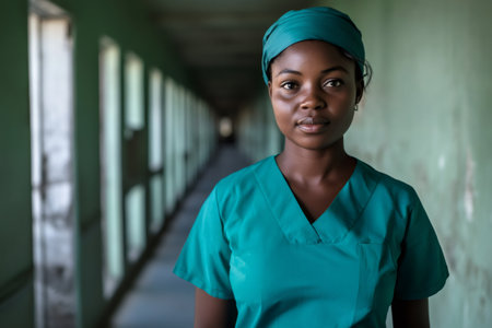 Young African American woman wearing medical scrubs in a hospital hallway. Healthcare worker during work in a clinicの素材