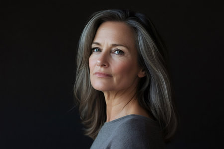 Confident middle aged woman with natural silver hair looking subtly at the viewer against a dark background, showing wisdomの素材
