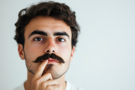 Young man with mustache and finger on his lip, pensive expression and focused gaze against white studio background, copy spaceの素材