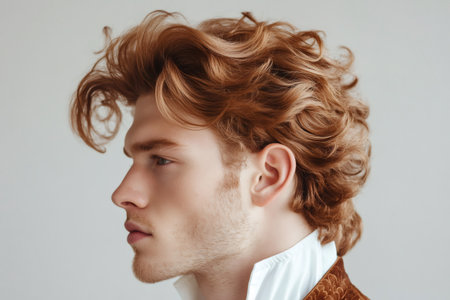 Redhead man in profile showcasing elegant wavy hair and vintage historical attire, classic Renaissance inspired studio portrait with clear backgroundの素材