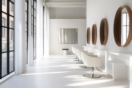 Modern white hair salon interior with minimalist design, bright natural light, empty elegant styling chairs, and round mirrorsの素材