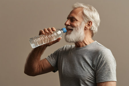 Senior man in t shirt drinking water from a plastic bottle, smiling and refreshed, promoting hydration and active healthy agingの素材