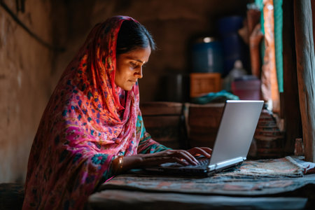 Rural woman wearing traditional attire working on a laptop inside a humble home, representing digital inclusion and empowermentの素材