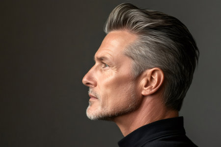 Mature man with distinguished gray hair and beard looking forward, portraying wisdom and confidence against a simple backgroundの素材