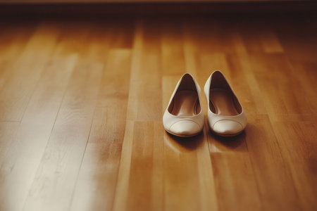 Elegant wedding ballet shoes standing on a warm wooden floor, symbolizing readiness for a special day and new beginningsの素材