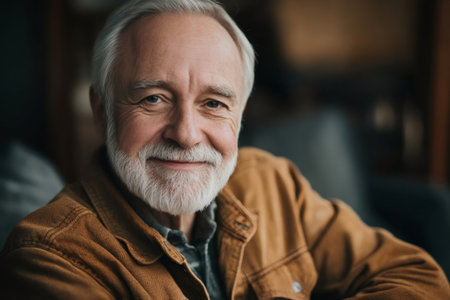 Senior man posing, showing a friendly smile. Person representing aging, wisdom, happiness, and authentic lifestyleの素材