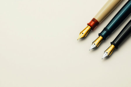 Three fountain pens. Different colors showing elegance, writing, education, and business concepts on a light background with copy spaceの素材