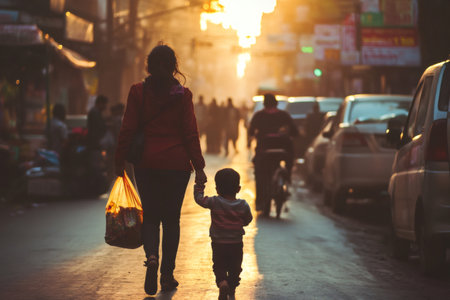 Mother and child walking through a bustling urban street at golden hour, the warm light highlighting their bond and daily life journeyの素材