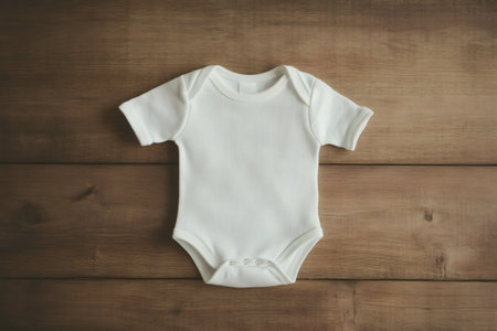 White baby onesie laying flat on rustic wooden surface, representing childcare, innocence, and new beginningsの素材