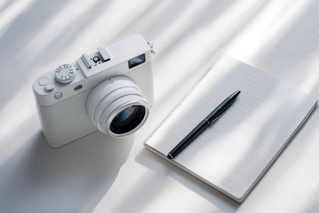 Minimalist mirrorless camera sitting alongside a blank notebook and black pen, symbolizing creativity, planning, and content creationの素材