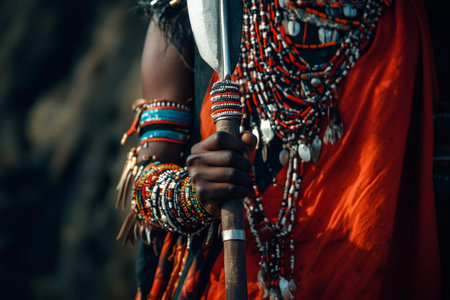 Maasai person holding a spear, showcasing intricate traditional beaded necklaces, bracelets, and a red shuka, symbolizing cultural heritageの素材