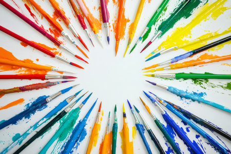 Colorful paintbrushes arranged in a circle, painting vibrant strokes of primary and secondary colors on a white surfaceの素材