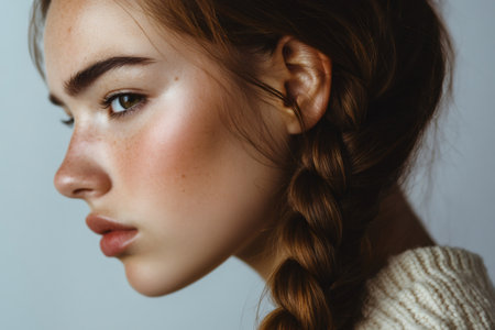 Young woman's face and chunky French braid. Showing glowing skin, freckles, and a thoughtful expressionの素材