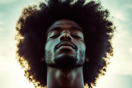 Black man with Afro hair experiencing peace and relaxation outdoors, eyes closed and face angled towards the skyの素材