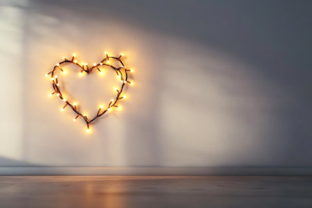 Heart shape outlined with illuminated string lights on a textured wall, creating a warm, romantic atmosphere with copy spaceの素材