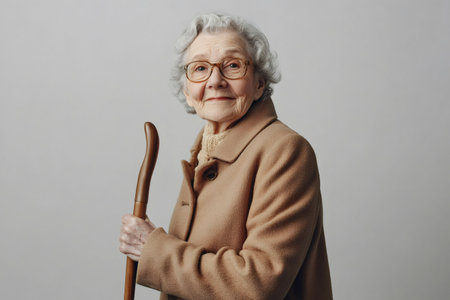 Senior woman wearing glasses and a coat, confidently holding a walking stick, looking at the viewer. Embracing active aging and independenceの素材