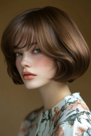 Young woman showcasing a modern soft rounded bob haircut with layered bangs. Focus on hair beauty and styleの素材