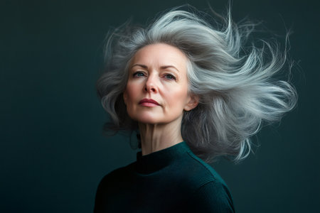 Woman with graying hair moving freely. Embracing aging gracefully with a contemplative gaze and natural beautyの素材