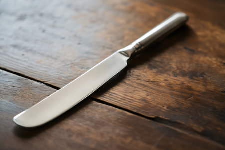 Shiny dessert knife used for cutting wedding cakes or pastries, placed on an old rustic wood surfaceの素材