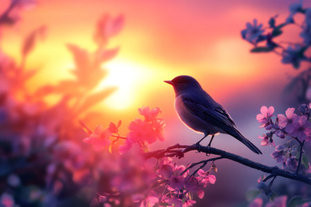 Bird sitting on a cherry blossom branch, bathed in the warm, colorful glow of a spring evening or morning sunriseの素材