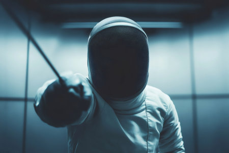 Fencer wearing protective mask and uniform, extending foil forward. Sport and determination concepts are shownの素材