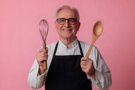 Experienced male senior chef wearing an apron and glasses, happily holding a whiskey and wooden spoon, ready for cookingの素材